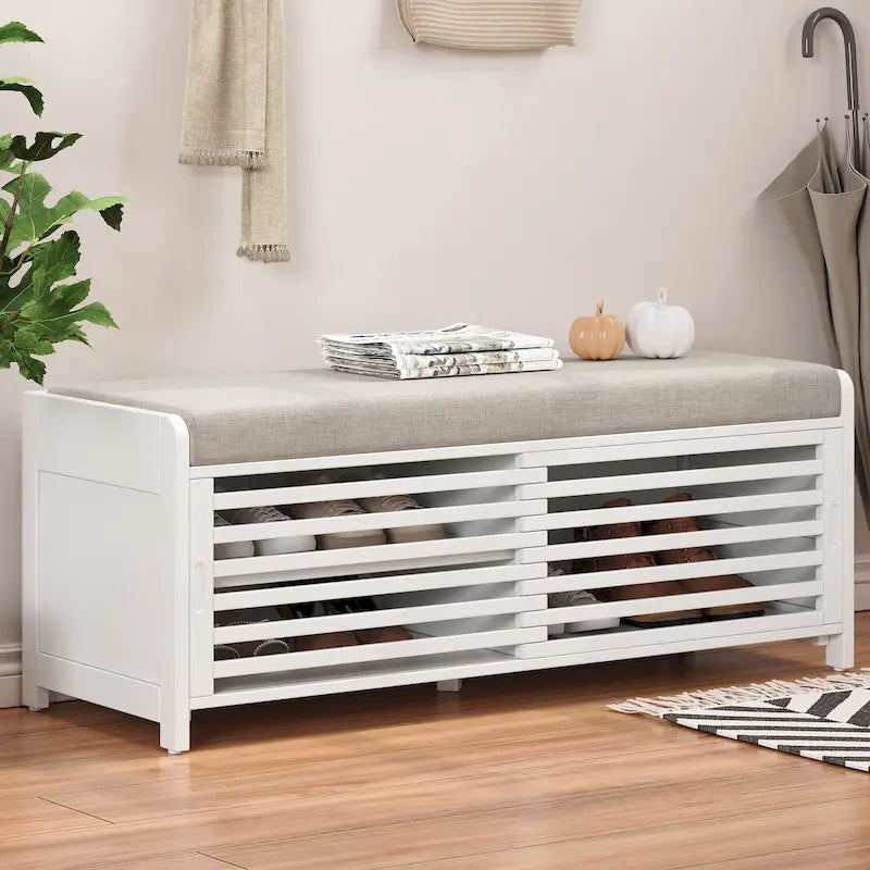 Distressed Shutter Shoe Bench with Storage & Cushion