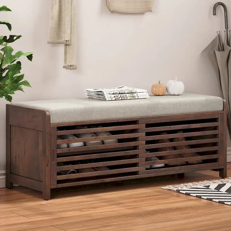 Distressed Shutter Shoe Bench with Storage & Cushion