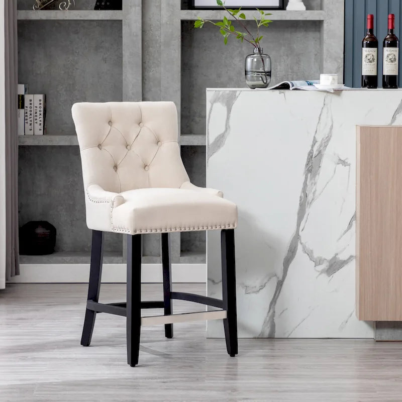24 Upholstered Button Tufted Counter Stool, Black Legs