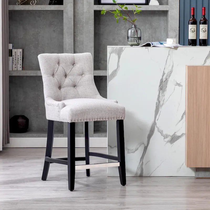 24 Upholstered Button Tufted Counter Stool, Black Legs