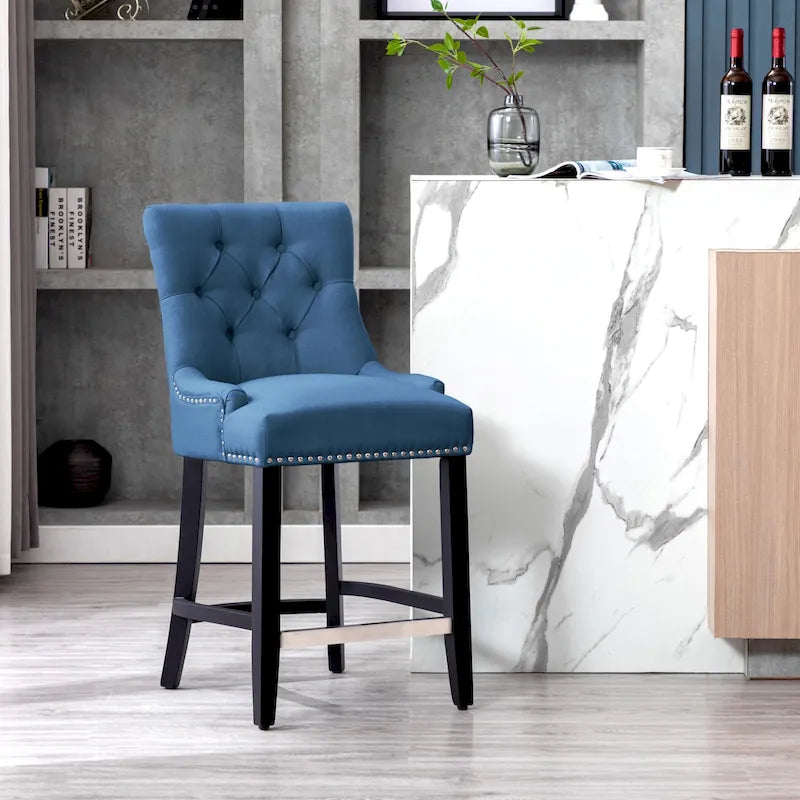 24 Upholstered Button Tufted Counter Stool, Black Legs
