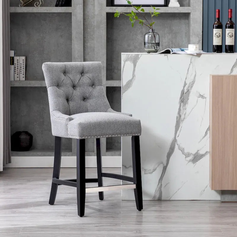 24 Upholstered Button Tufted Counter Stool, Black Legs