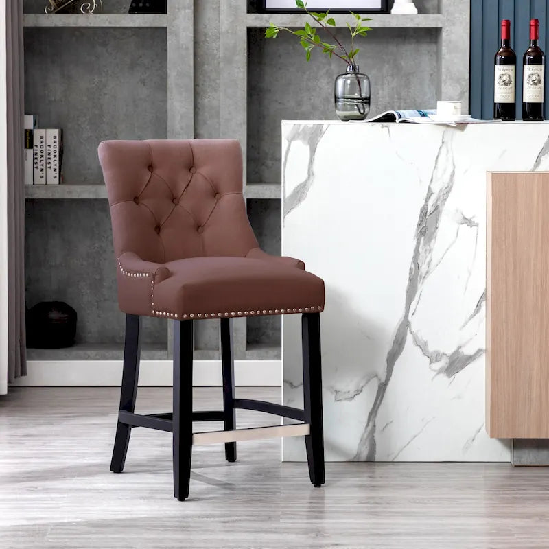 24 Upholstered Button Tufted Counter Stool, Black Legs