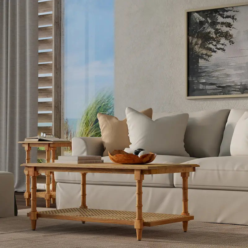 Chesterfield Wood & Cane Coffee Table - Whitewash