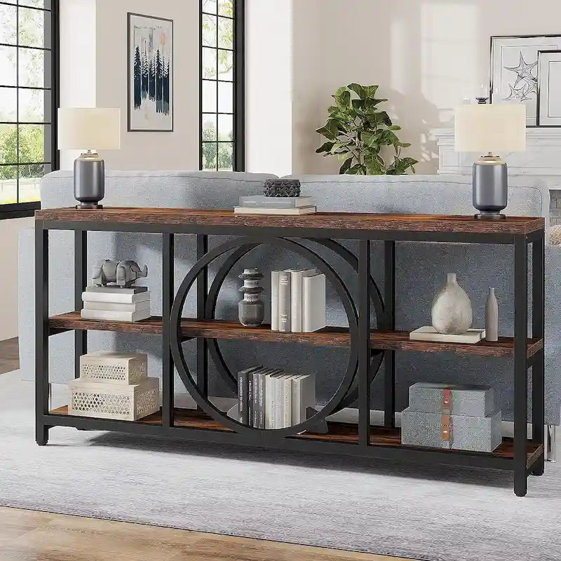 70.9 inch Extra Long Console Table with 3 Tier Wood Storage Shelves