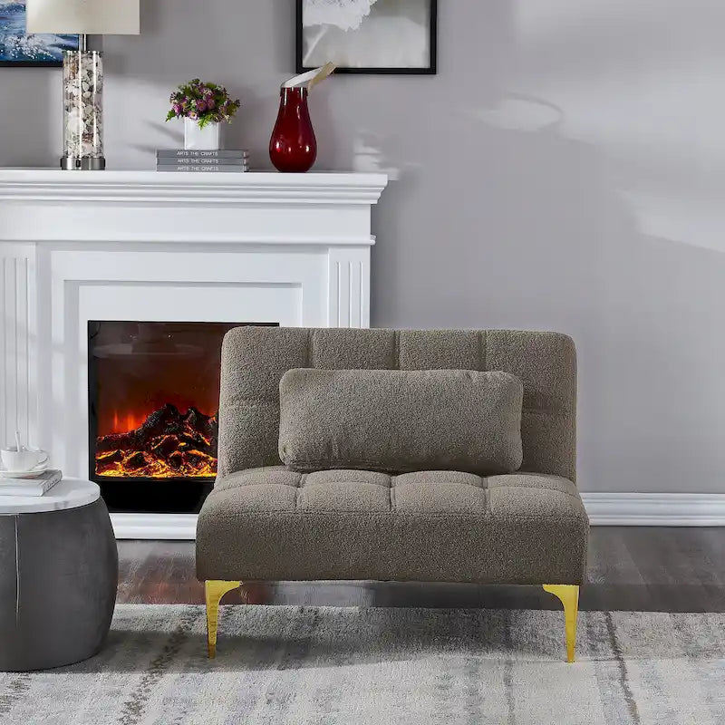 Convertible Futon Teddy Fabric Sofa Bed With Gold Metal Legs