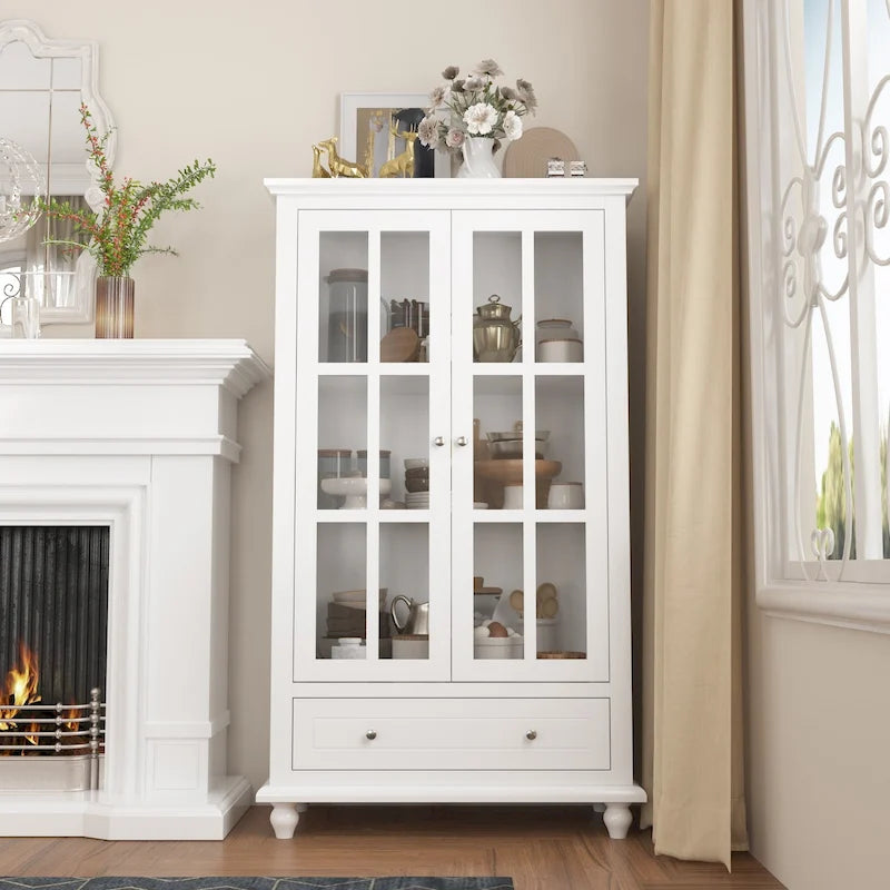 55.1H Buffet Lacquer Sideboard Storage Cabinet Glass Doors Bookcase