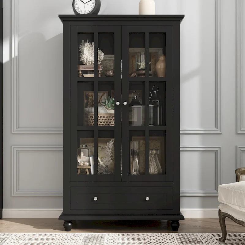 55.1H Buffet Lacquer Sideboard Storage Cabinet Glass Doors Bookcase