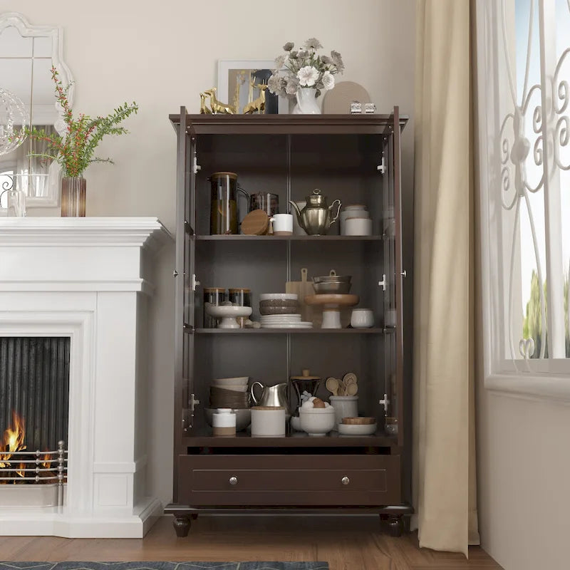 55.1H Buffet Lacquer Sideboard Storage Cabinet Glass Doors Bookcase