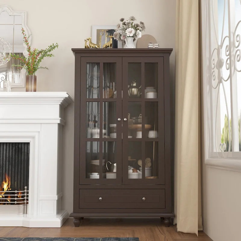 55.1H Buffet Lacquer Sideboard Storage Cabinet Glass Doors Bookcase