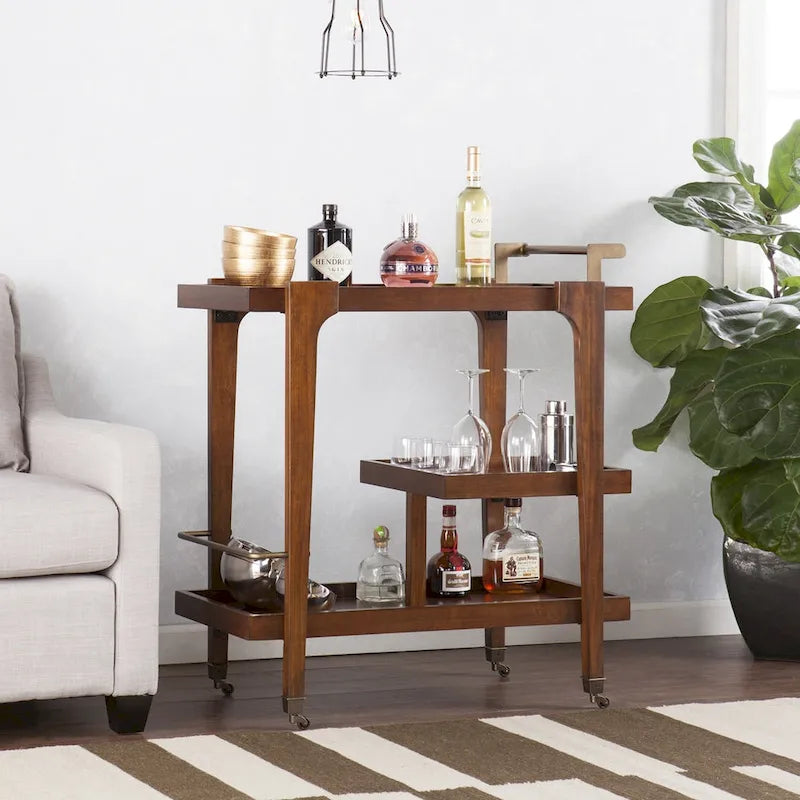 Mid Century Modern 3-Tier Faux Wood Bar Cart with Sleek Metal Details and Ample Storage Space