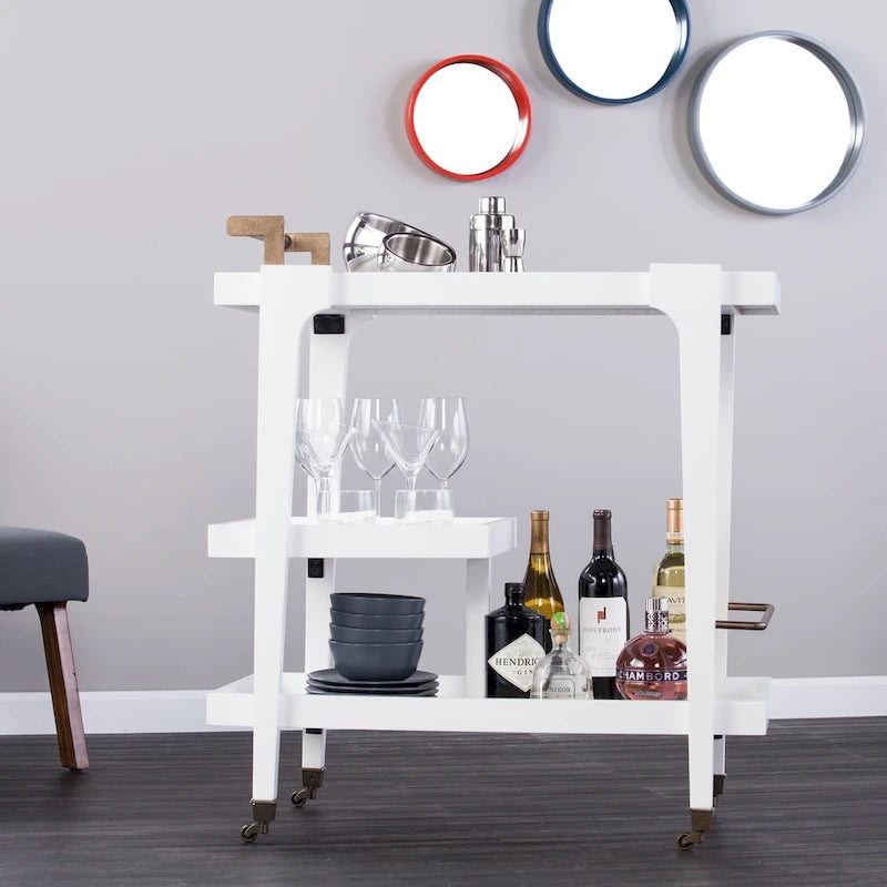 Mid Century Modern 3-Tier Faux Wood Bar Cart with Sleek Metal Details and Ample Storage Space