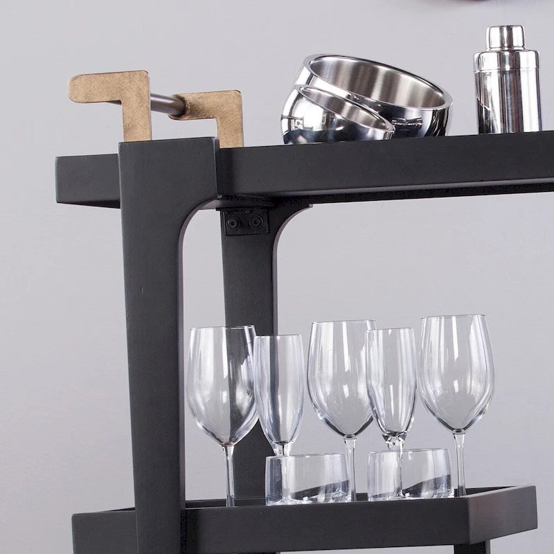 Mid Century Modern 3-Tier Faux Wood Bar Cart with Sleek Metal Details and Ample Storage Space