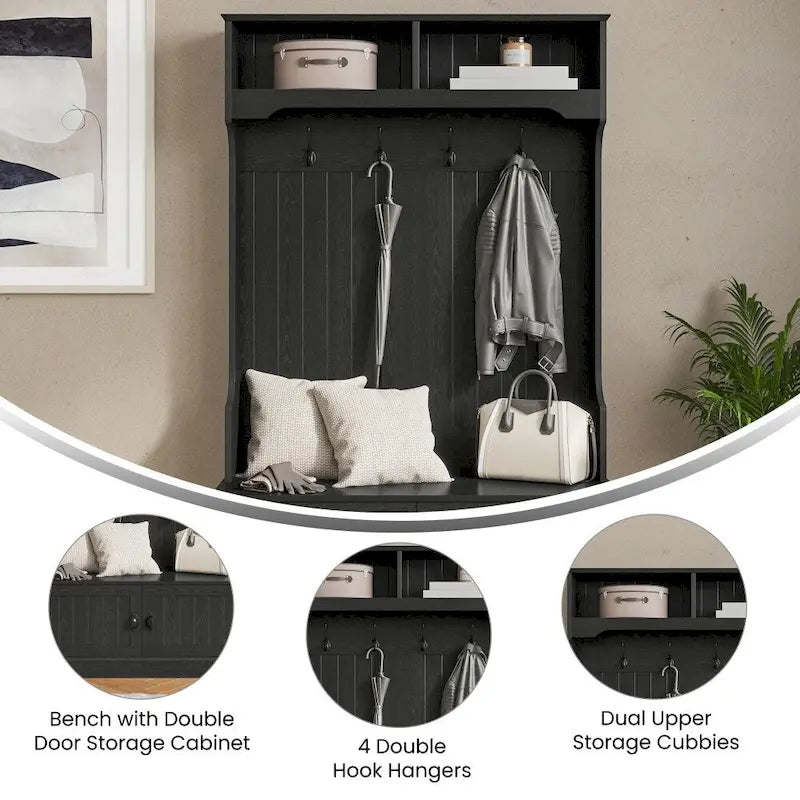 4 Hook Hallway Tree with Storage Bench and Upper Cubbies