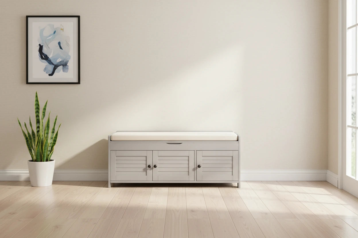 Storage Bench with 3 Shutter-shaped Doors, Removable Cushion and Hidden Storage Space - 43.5L x 16W x 18H